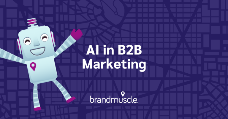 AI in B2B marketing text with smiling Markie robot with his arms out
