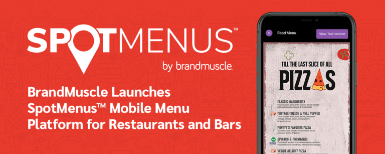 SpotMenus by BrandMuscle: BrandMuscle launches SpotMenus mobile menu platform for restaurants and bars text with smartphone showing a pizza menu