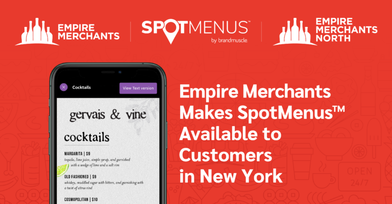 Empire merchants makes spotmenus available to customers in new york text with Spotmenus and Empire Merchants logos and smartphone showing a pizza menu