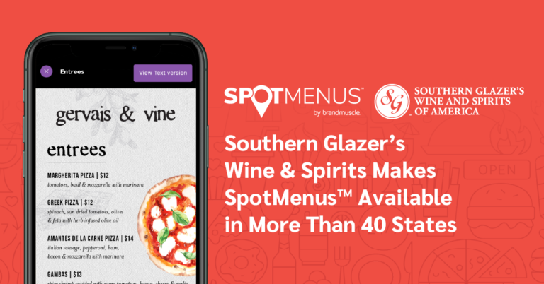 Southern Glazer's Wine & Spirits Makes SpotMenus available in more than 40 states text with SpotMenus and Souther Gazer's logos and smartphone with pizza menu