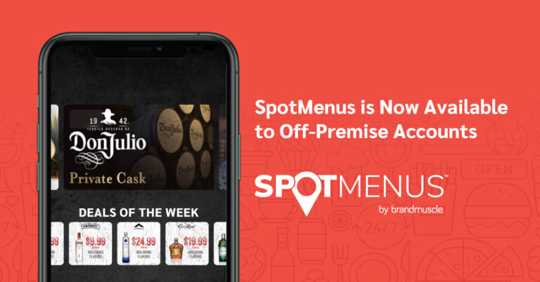 spotmenus is now available to off-premise accounts text with smartphone showing beverage alcohol deals of the week