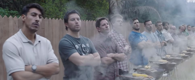 gillette commercial with men standing in a line grilling